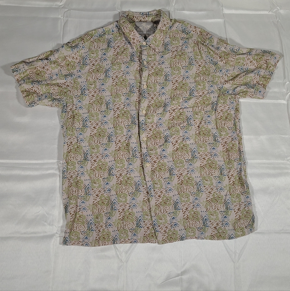 Margaritaville Silk Linen X Large Mens Green Beach Button Up Pattern Shirt